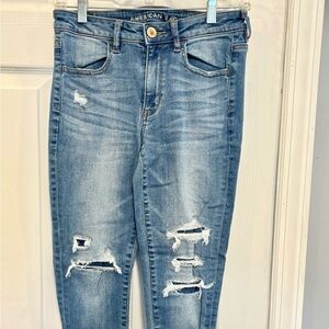 American Eagle Blue Skinny Jeans with Distressed Details